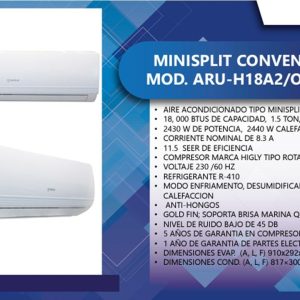 MINISPLIT ARU- H18A2 /OF SERIE L 1 TON FRIO/CALOR Ficha Tacnica