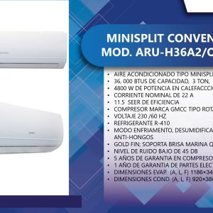 Minisplit ARU-H36A2/OF SERIE L 3 TON SOLO FRIO Ficha Tecnica